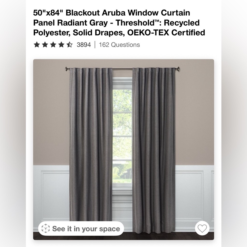 Threshold 50”x84” Blackout Aruba Window Curtain Panel in Radiant Gray NWT